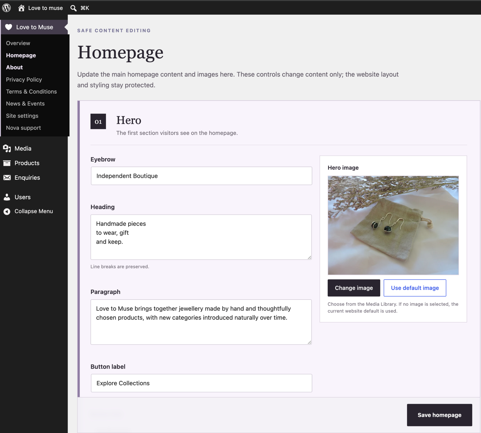 Love to Muse guided homepage editor